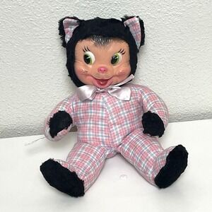 GUND Rubber Face 1950s Black Cat Pink Plaid Fabric Body 13" Plush Doll RARE